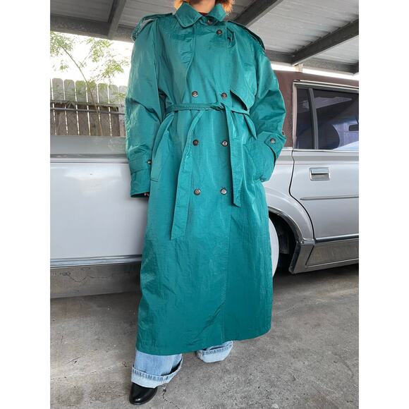 🔥Vintage 80s Maggie Lawrence Double Breasted Long Rain Trench Coat Quilt Line - Picture 2 of 16